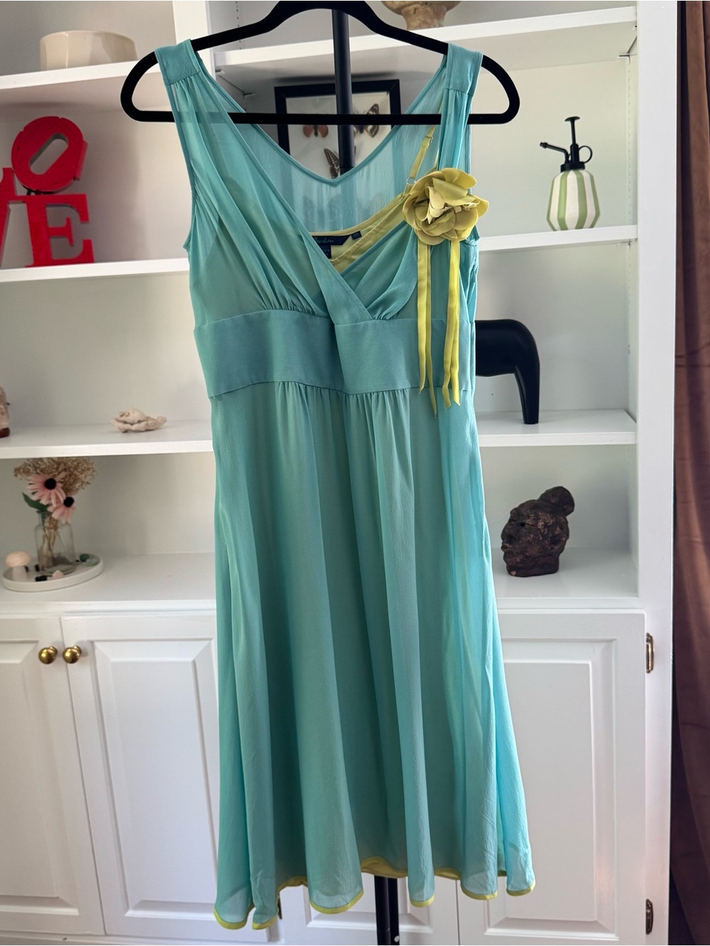 Vintage Boden Limited Edition
aquamarine chiffon silk dress.